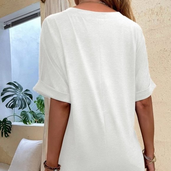 Casual V-neck Side Slit Oversized Top white - Picture 4 of 6